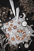 Gingerbread wreath and gingerbread biscuits with icing for Christmas decorations