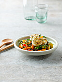 Potato and lentil salad with apricot and gratinated goat's cheese