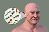 Otitis media in a man, illustration