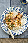 Spicy stroganoff with rice and fresh mushrooms