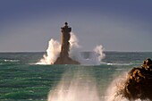 France, Finistere, Porspoder, Landunvez, Saint Laurent peninsula, Côte des Légendes, the Four lighthouse in the storm