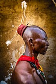 Benin, Donga department, Taneka warrior wearing traditional clothes during ceremony