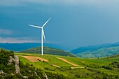 Romania, Iron gates, Coronini, windmills on the banks of the Danube in the Carpathians