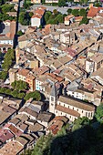 France, Alpes-de-Haute-Provence, Verdon Regional Nature Park, Castellane, the Sacred Heart church and the tiled roofs of downtown homes