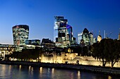 United Kingdom, London, the River Thames, the Tower of London, the City with its skyscrapers, the tower known as the Walkie Talkie designed by architect Rafael Viñoly, Tower 30 St Mary Axe or Swiss Re Building also known as the gherkin designed by architect Norman Foster