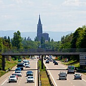 France, Bas Rhin, Strasbourg, quai des Bateliers made pedestrian zone, old town listed as World Heritage by UNESCO, Motorway A351 to Strasbourg with in the background the Notre Dame Cathedral, listed as World Heritage by UNESCO