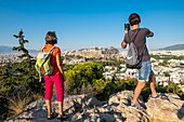 Greece, Athens, Acropolis of Athens, a UNESCO World Heritage Site, seen from the Hill of the Muses or Philopappos Hill