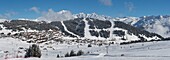 France, Savoy, Massif of Beaufortain, the resort of Col des Saisies, panoramic view of the Bisanne area, the resort and Mont Blanc massif