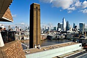 United Kingdom, London, Southwark district, Switch House terrace at the Tate Modern at the edge of the Thames and the skyscrapers of the City with the 20 Fenchurch Street nicknamed the Walkie-Talkie designed by the architect Rafael Vinoly on the right