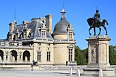 France, Oise, Chantilly, Domaine de Chantilly, 19th century castle, terrace of the Constable and the equestrian statue of Anne de Montmorency