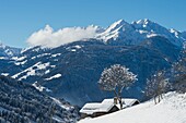 Frankreich, Savoyer Massiv von Beaufortain Dorf Hauteluce Weiler in Richtung Combes und Berg Mirantin