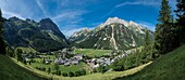 France, Savoie, Mountain of Vanoise, Pralognan la Vanoise, panoramic view of the village with rock of Valette , small Mont Blanc (2680m), teeth of Portetta and crest of Mount Charvet