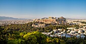 Greece, Athens, Acropolis of Athens, a UNESCO World Heritage Site, seen from the Hill of the Muses or Philopappos Hill