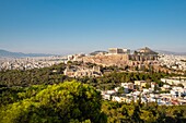 Greece, Athens, Acropolis of Athens, a UNESCO World Heritage Site, seen from the Hill of the Muses or Philopappos Hill