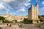 France, Gironde, Saint-Émilion, classified World Heritage by UNESCO, the Tour du Roy, keep-citadel of the 13th century and only vestige of the castle of Saint-Émilion, the monolithic church of the 11th century in the background