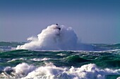 France, Finistere, Porspoder, Landunvez, Saint Laurent peninsula, Côte des Légendes, the Four lighthouse in the storm