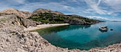 Croatia, County of Primorje-Gorski Kotar, Kvarner bay , Krk island, Stara Baska, panoramic view of the paradise beach Uvala Zala and the summit of Mali Hlam (448m)