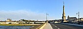 France, Loir et Cher, Loire Valley listed as World Heritage by UNESCO, Blois, St Louis cathedral with Pont Jacques Gabriel, bridge over Loire river and in background, the castle and Saint Nicolas church