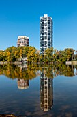 Canada, Province of Quebec, Montreal and Laval, modern buildings on the banks of the Rivière des Prairies, mirror effect