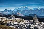 France, Haute Savoie, Bornes massif, Glieres, itinerant trek day 4, passage to the summit of Sous Dine (2000m), lapis and view of Mont Blanc