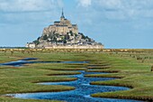 Frankreich, Manche, Bucht von Mont Saint Michel (UNESCO-Welterbe), Abtei von Mont Saint Michel, Salzwiese bei Flut