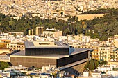 Greece, Athens, panoramic view over the city from the Hill of the Muses or Philopappos Hill, the Acropolis Musuem