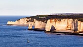 Frankreich, Seine Maritime, Pays de Caux, Cote d'Albatre (Alabasterküste), Etretat, die Manneporte-Klippe, der Bogen von Aval und die Aiguille (Nadel) (Luftaufnahme)