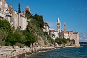 Croatia, County of Primorje-Gorski Kotar, Kvarner bay, the city of Rab on the island of the same name, the multiple steeples seen from the Adriatic seaside promenade