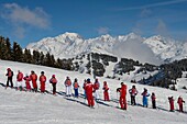 France, Savoie, Massif of Beaufortain, in the resort of Col des Saisies ski lessons to the Col de la Lezette and Mont Blanc