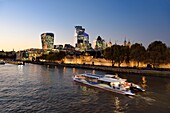 United Kingdom, London, the River Thames, the Tower of London, the City with its skyscrapers, the tower known as the Walkie Talkie designed by architect Rafael Viñoly, Tower 30 St Mary Axe or Swiss Re Building also known as the gherkin designed by architect Norman Foster