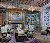 France, Dordogne, Perigord Vert, Bourdeilles, Bourdeilles Castle, Renaissance castle, the fair gilded ceremonial room that has a large collection furniture