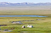 Kyrgyzstan, Naryn province, Son-Kol lake, altitude 3000m, yurt camp, lake and mountains in the background