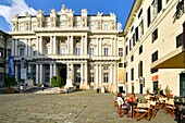 Italy, Liguria, Genoa, Piazza Matteotti, Douce restaurant and Palazzo Ducale, the largest cultural center of Italy