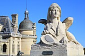 France, Oise, Chantilly, Domaine de Chantilly, 19th century castle, terrace of the Constable, statue of Sphinge