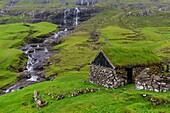 Denmark, Faroe Islands, Streymoy Island, Saksun Village, farm building and waterfall in the background