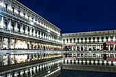 Italy, Veneto, Venice St. Mark's Square at dusk and Correr's façades are reflected in a puddle