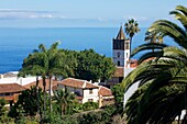 Spain, Canary Islands, Tenerife Island, Garachico, bird's-eye view of the tiled roofs of colonial houses and the Church of Santa Ana, on the ocean floor