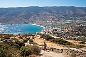 Greece, Cyclades archipelago, Andros island, hike number 3 between Chora and Ormos Korthi, panorama over Korthi bay