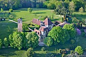 France, Dordogne, Vezere valley listed as World Heritage by UNESCO, Thonac, the manor house and the tower of Vermondie (aerial view)