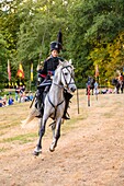 France, Yvelines (78), les Mesnuls, Les Mesnuls castlle,Heritage Day 2019, woman riding in costume during a historical reconstruction