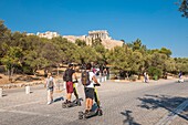 Greece, Athens, Rovertou Galli street, Acropolis of Athens, a UNESCO World Heritage Site, the Parthenon