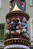 Switzerland, canton of Jura, Porrentruy, Rue du 23 Juin, fountain of Banneret or fountain of Switzerland dated1558, column, boar, emblem of the city