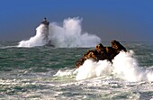 France, Finistere, Porspoder, Landunvez, Saint Laurent peninsula, Côte des Légendes, the Four lighthouse in the storm