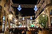 France, Cote d'Or, Dijon, area listed as World Heritage by UNESCO, Christmas lights, Rue de la Liberte, Gloria Friedmann's sculpture of the Face Tree