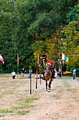 France, Yvelines (78), les Mesnuls, Les Mesnuls castlle,Heritage Day 2019, man riding in costume and showing his sword skill during a historical reconstruction