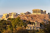 Greece, Athens, Acropolis of Athens, a UNESCO World Heritage Site, seen from the Hill of the Muses or Philopappos Hill, the Parthenon and the Odeon of Herodes Atticus