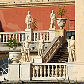 Italy, Liguria, Genoa, Museo di Palazzo Reale (Royal palace), interior frontage with statues on railings