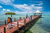 Mauritius, Grand Port district, Mahebourg, jetty on the lagoon, Mouchoir Rouge island in the background