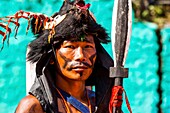 India, Arunachal Pradesh, Tirap district, Khonsa, Chalo Loku festival, Nocte tribe belonging to the Nagas, headset made of a bear head