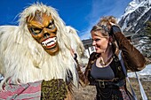 Switzerland, Valais, Lotschental valley, Wiler, Tschaggatta Carnival, costumes are made from animal skins, wooden masks and horse hair